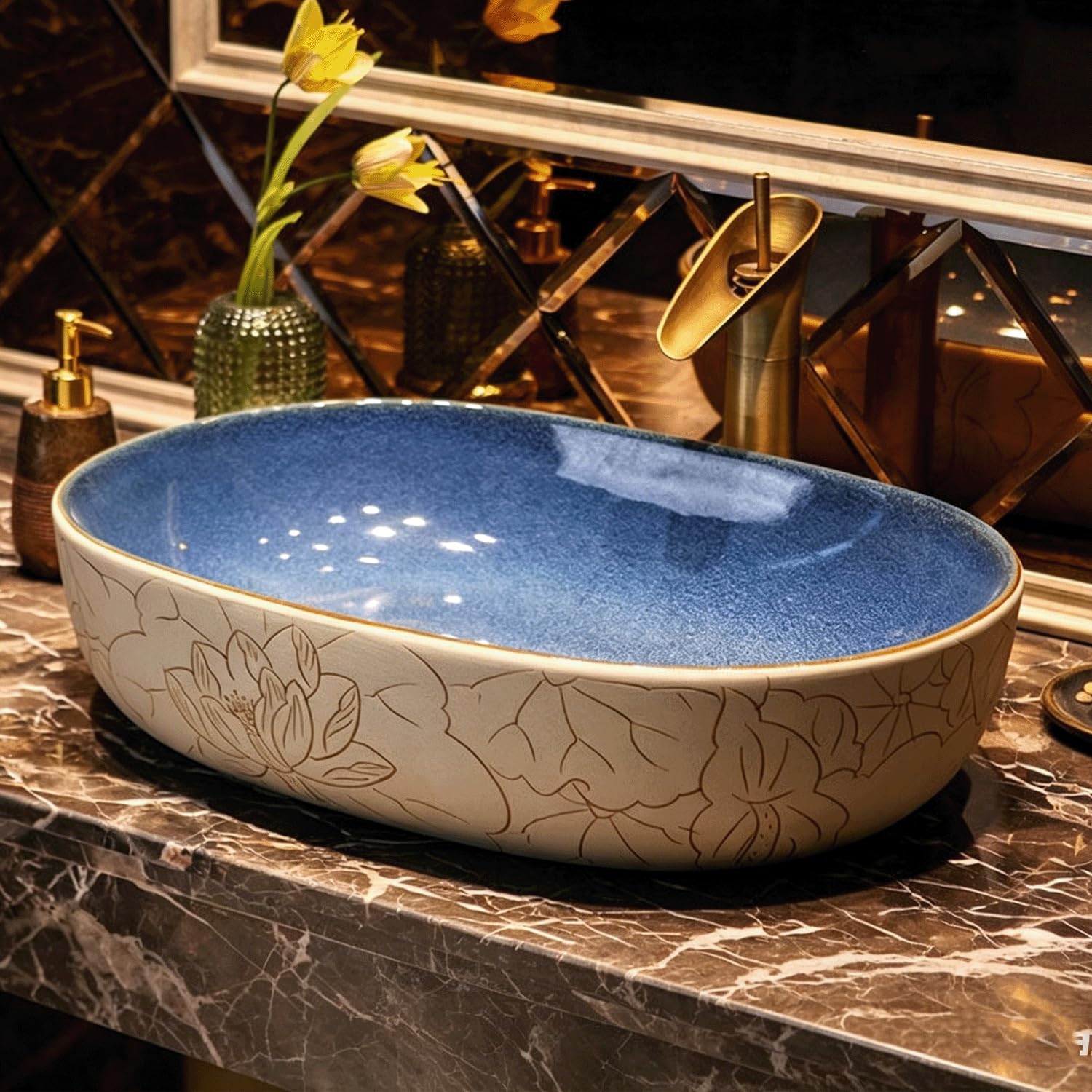 QjxSXLFSX Bathroom Vessel Sink, Ceramic Vessel Sink,making it easy to clean,and the edges are rounded,for Bathrooms and Homes .,E,60×40×15cm