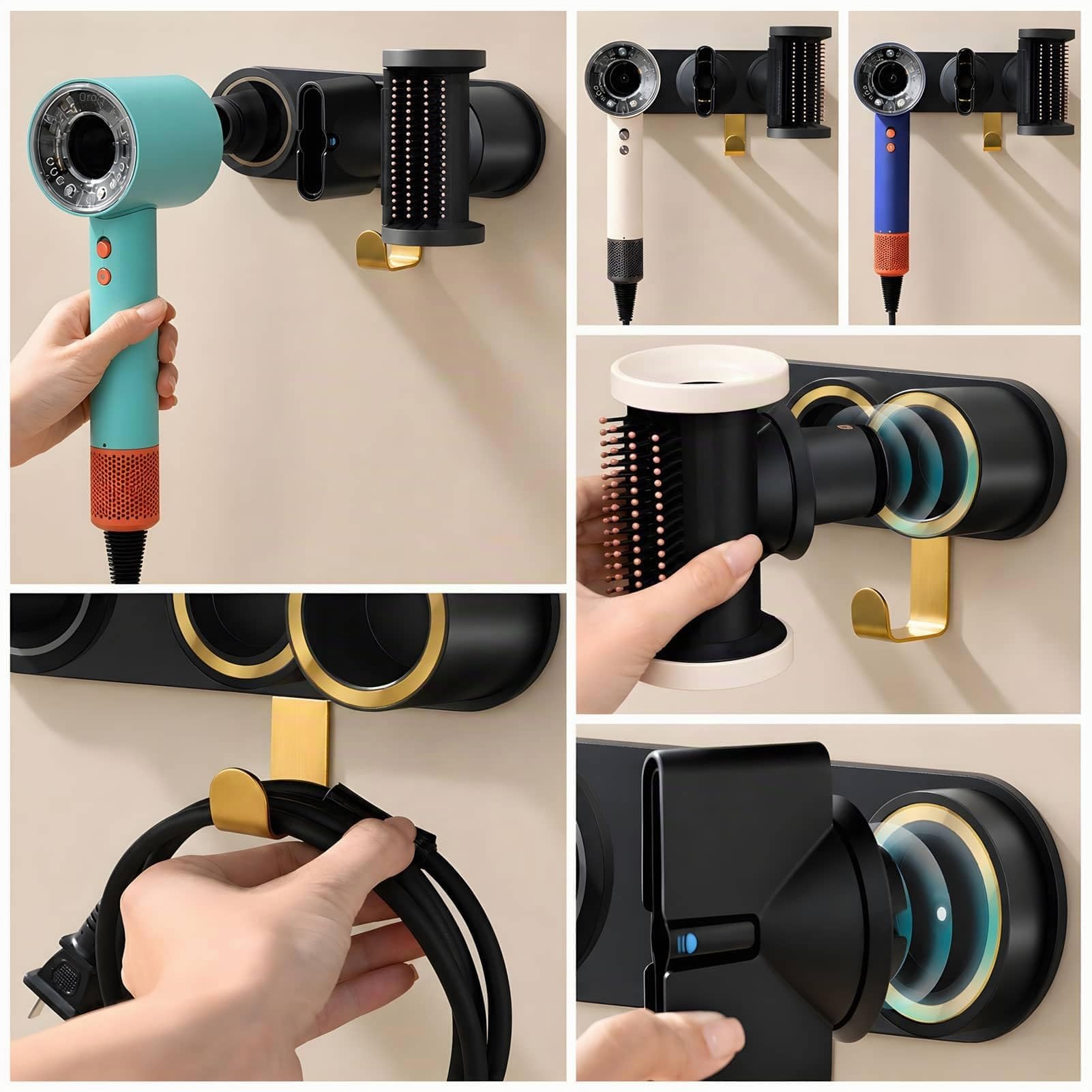 simpletome Supporto per Asciugacapelli da Muro per Tutti Magnetico Alta velocità Asciugatore per Capelli con Gancio Organizzatore del Cavo della Spina (Lega di Alluminio, Nero)