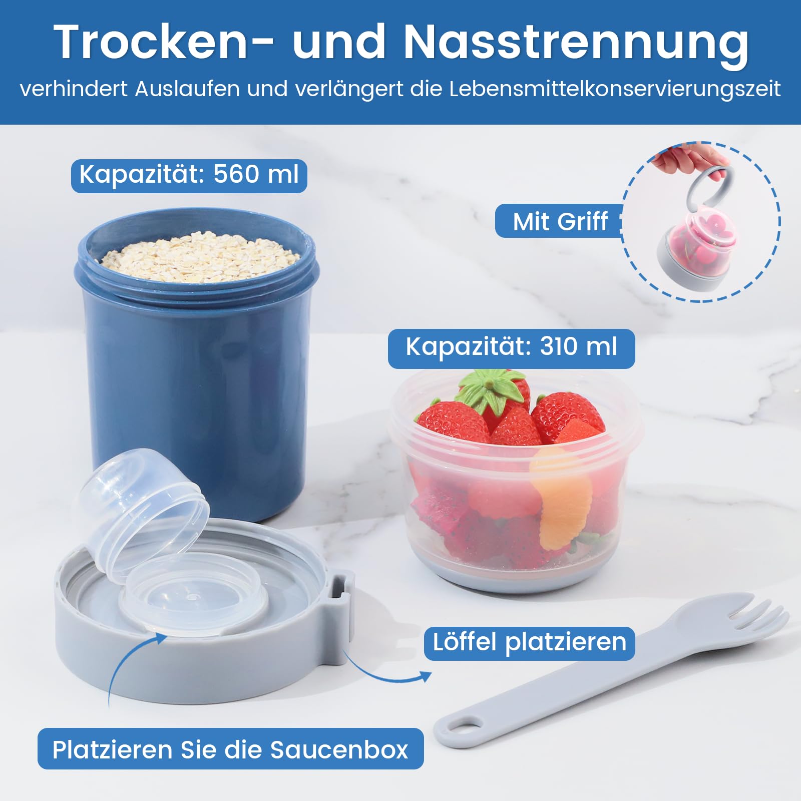Vaso de Yogur y Cereales para Llevar 2 en 1, Recipiente Práctico con Cuchara, Taza de Yogurt To Go a Prueba de Fugas, Ideal para Picnic, Almuerzo y Ensalada (Azul)