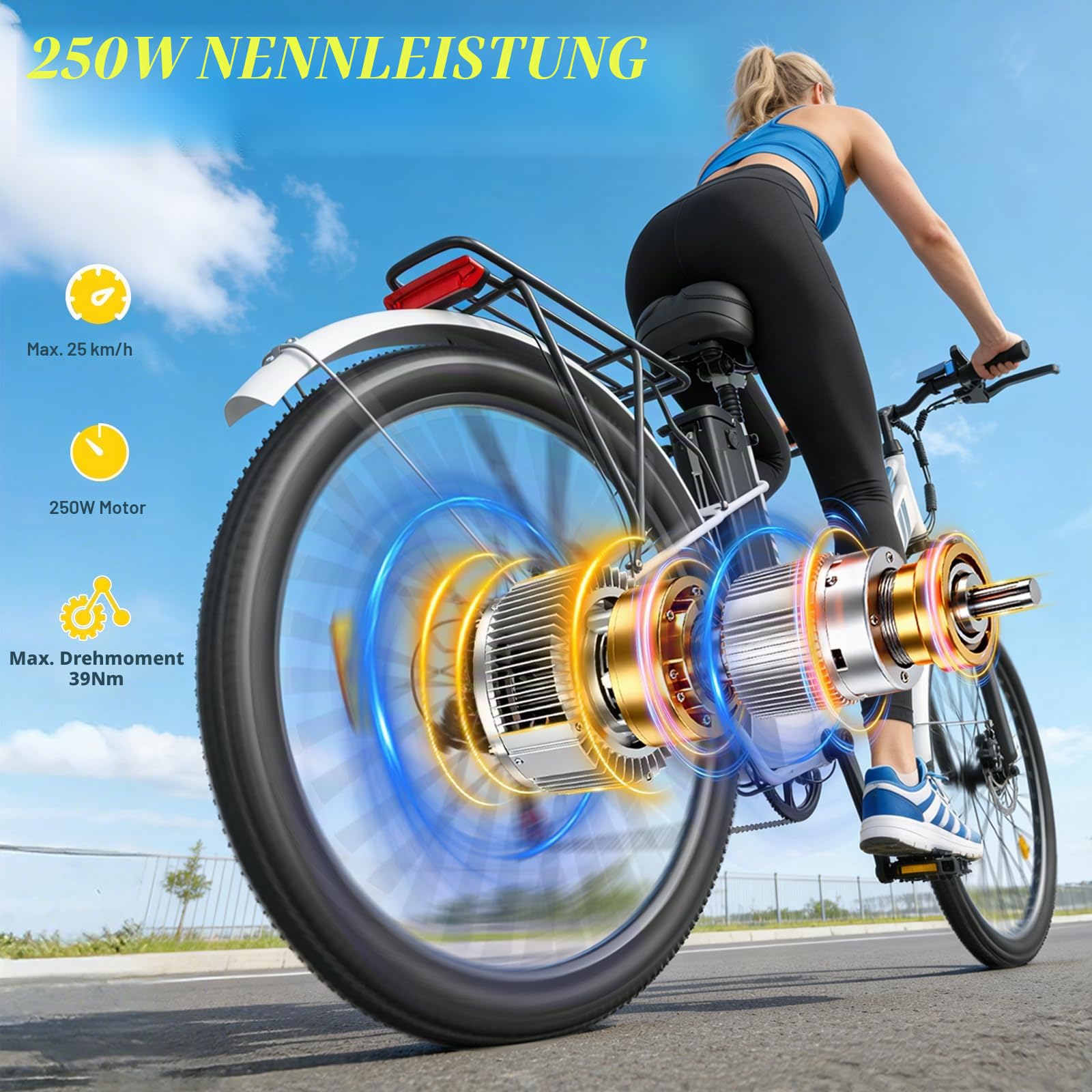 TIGUOWISH E-Bike 26 Zoll mit 100-120KM Reichweite, 250W E-Bike Damen Herren, 36V20AH Akku & 7 Gang, Elektrofahrrad mit LED-Display, Federung & 120KG Belastung für Stadt