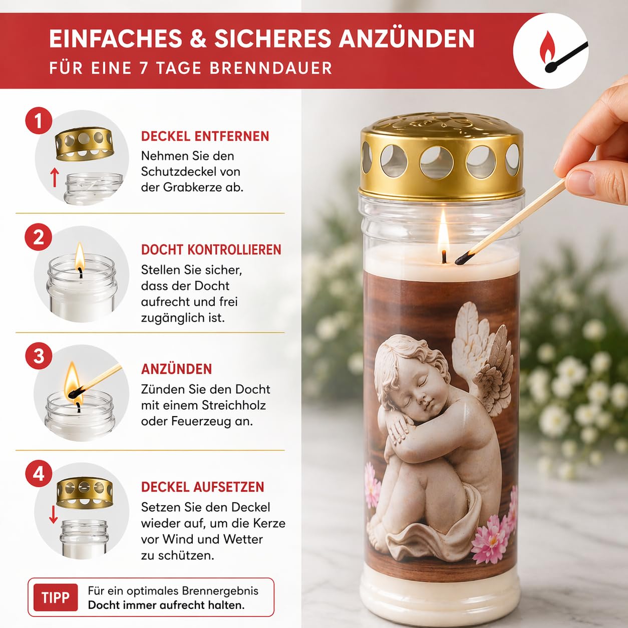 Grabkerzen 6er Set mit Motiv - 7 Tage Brenndauer Premium Friedhofskerze - Grablichter Wetterfest mit Deckel - Gedenklicht Engel Herz Rose - Trauerkerzen Dauerbrenner für Grabschmuck