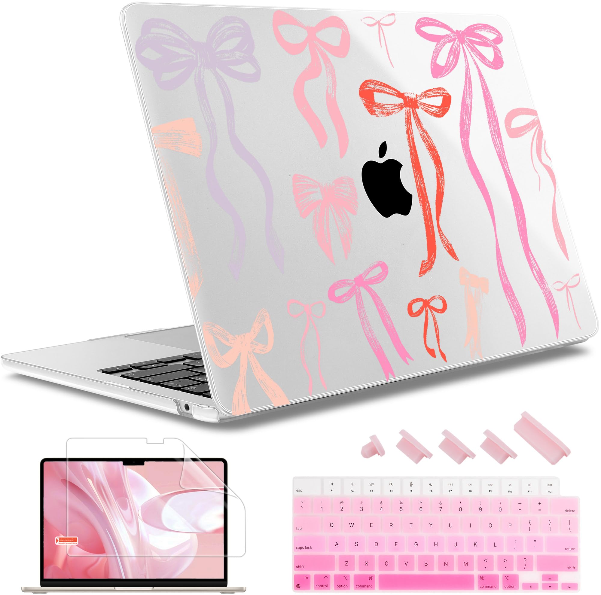 May Chen Compatible with M4 MacBook Air 15 inch Case 2025 2024 2023 A3241 A3114 M3 A2941 M2 with Liquid Retina Display & Touch ID, Plastic Hard Shell with Keyboard Cover - Bows Girly