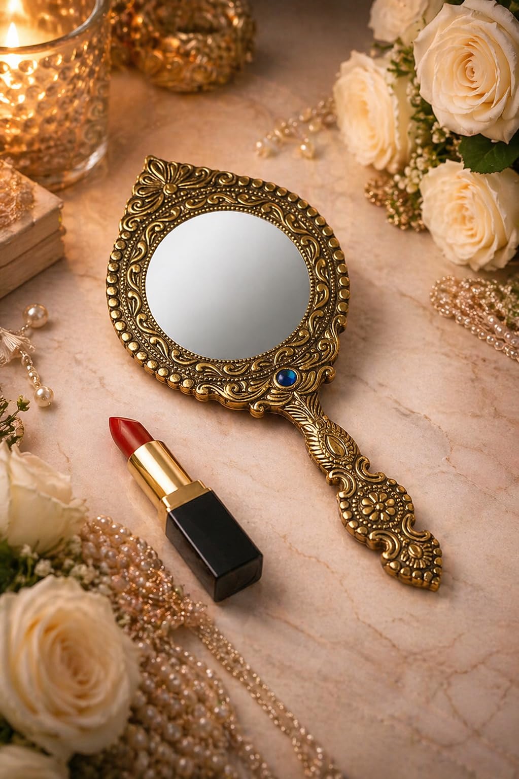 Vintage Hand Mirror with Antique Gold Finish | Decorative Makeup Mirror 26 cm Height | Elegant Vanity & Dressing Table Accessory-image-26