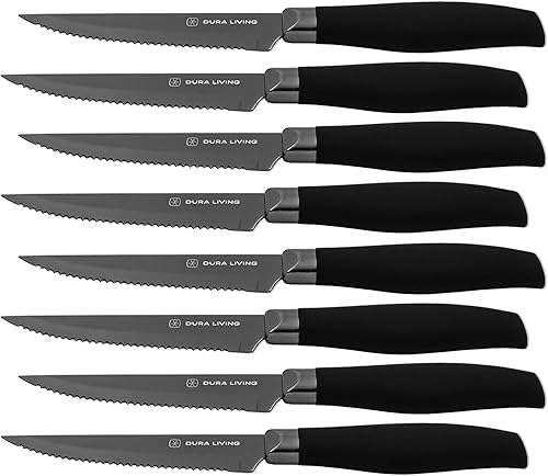 DURA LIVING Juego de 8 cuchillos de cocina para carne, acero inoxidable antiadherente chapado en titanio negro, cuchillas dentadas siempre afiladas,