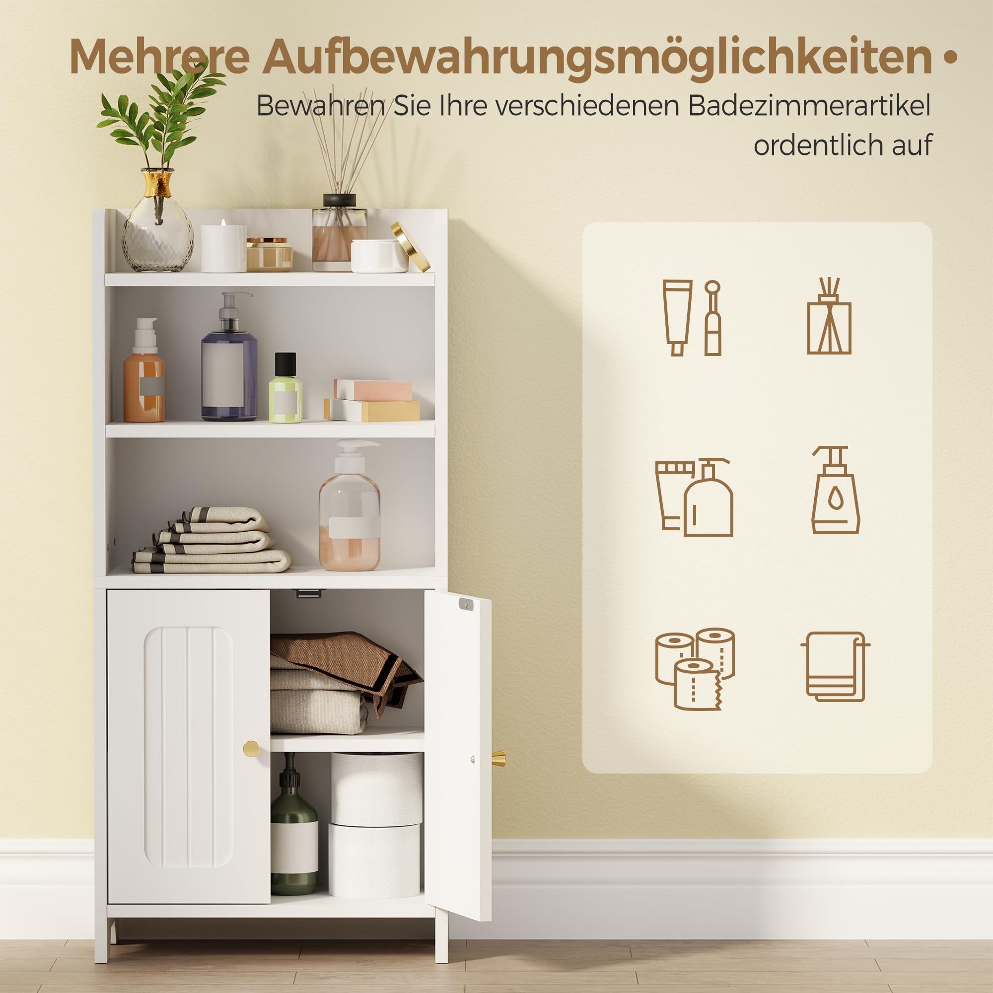 BEWISHOME Badezimmerschrank, Kleiner Standschrank, Toilettenpapierhalter mit 2 Türen und Einlegeböden, Badezimmer Schrank für kleine Räume, weiß, 20 x 37 x 80 cm, EYYG08W