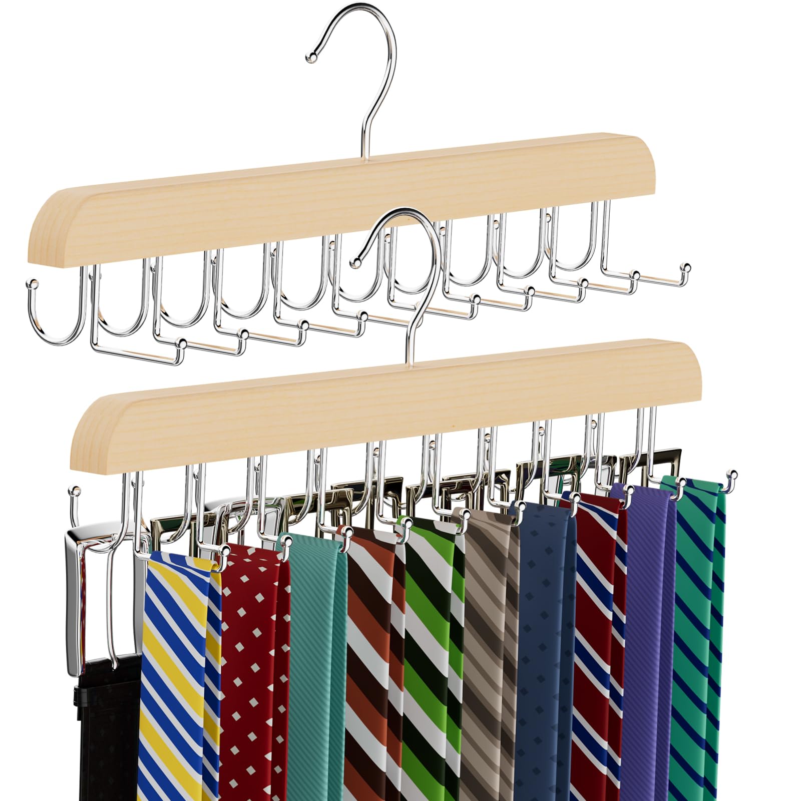 Belt Tie HANGER 20 Hooks 2 in 1 Hanger for Closet Max 30 Belts with 30 Ties Capacity, Belt Tie Racks Wooden Hanger for Closet Organizer Storage βUβ Fit for Belt and βδΈβ Fit for Tie (1, Wood)