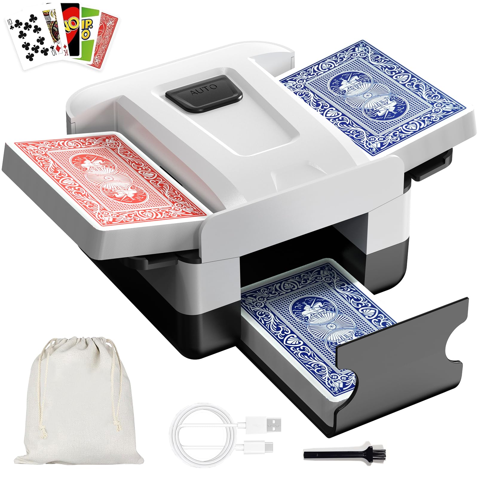 Mélangeur de Cartes Automatique, Électronique Mélangeur de Carte pour 1-2 Ponts Rechargeable 2000 mAh Faible Bruit pour Poker, UNO, Blackjack, Skip-Bo, Phase 10, Texas Hold'em, Belote (Noir)