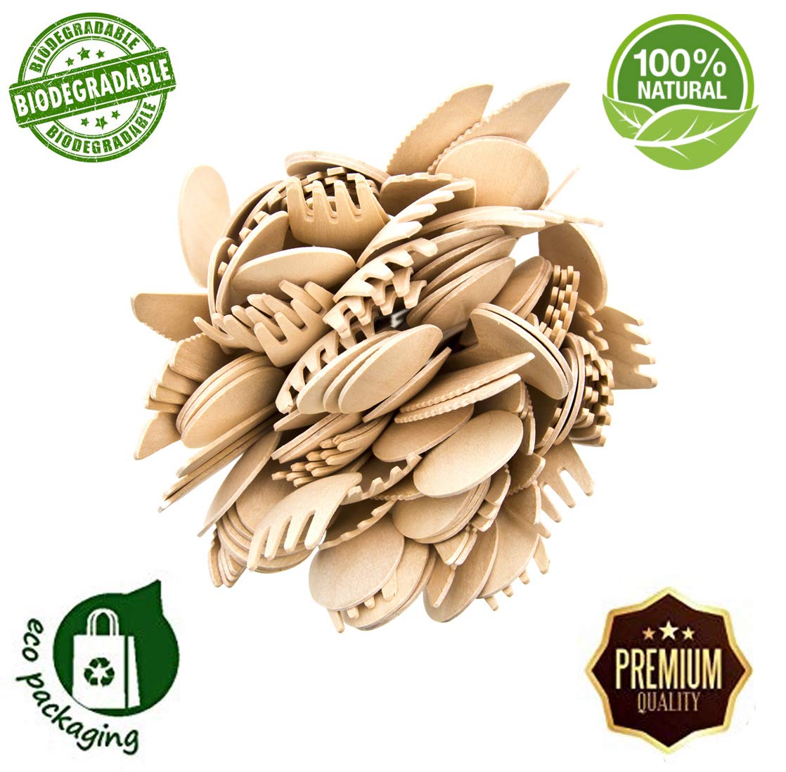 Set di 150 posate usa e getta in legno, biodegradabili, ecologiche, per barbecue, picnic, feste, 50 forchette, 50 cucchiai, 50 coltelli