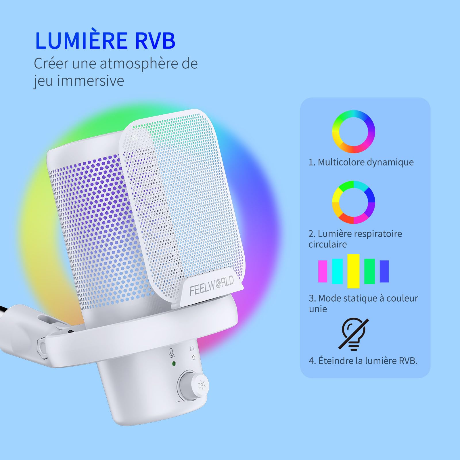FEELWORLD VM1 USB Gaming Microphone Avec Support Cantilever Pour L'enregistrement de Podcasts,Jeux Vidéo,Microphone De Studio Pour PC,Blanc Avec Pointage Cardioïde,Éclairage RGB,Maille Anti-Projection