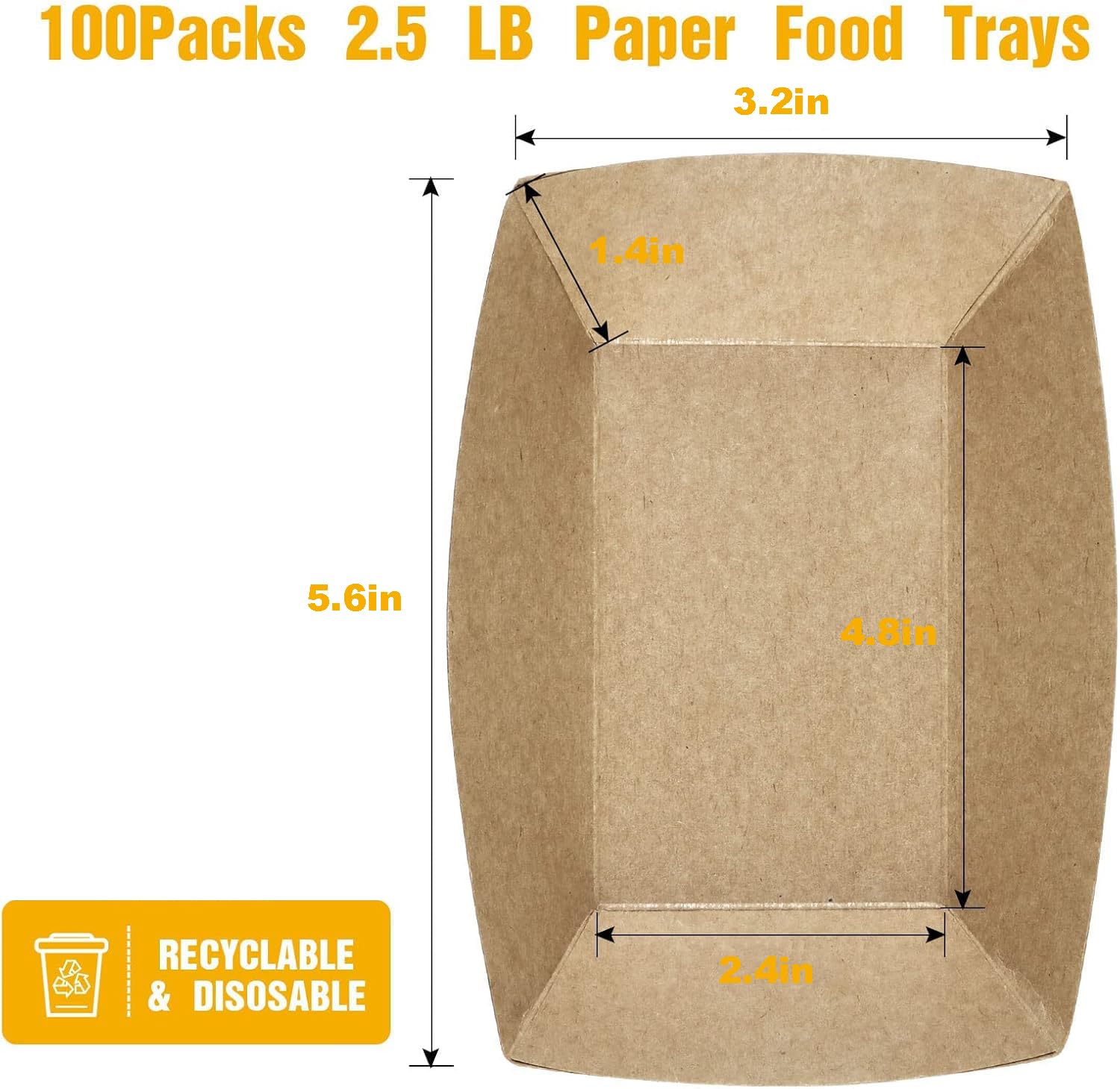 KASTWAVE 2.5Lb Paper Food Trays, 100Pack Disposable Paper Food Boats Greaseproof Kraft Paper Serving Boats Trays, Eco Friendly Food Snack Baskets for Party (Brown)