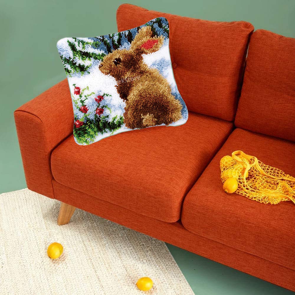 AxiangziK Latch Hook Kissen Kit - Hase Mit Schleife DIY Knüpfset 17x17 Zoll