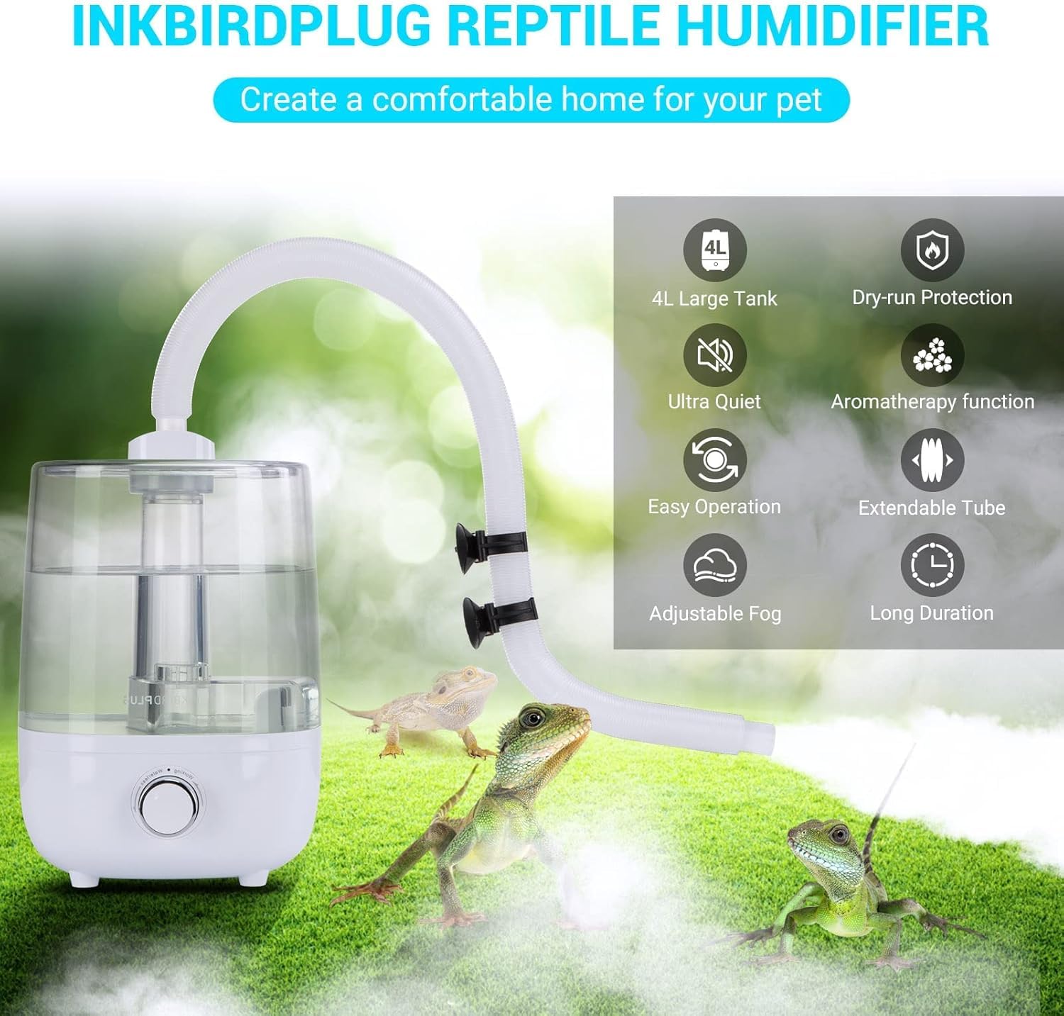 INKBIRDPLUS Humidificador para Reptiles, Nebulizador para Aumentar la Humedad, Humidificador Silencioso para Anfibios de Reptiles, Plantas Húmedas con 4L Gran Capacidad