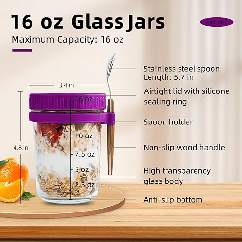 Miniatura 2 de SMARCH Overnight Oats Tarros con tapa y cuchara, juego de 2, recipiente de avena hermético de gran capacidad de 16 onzas con marcas de medición,