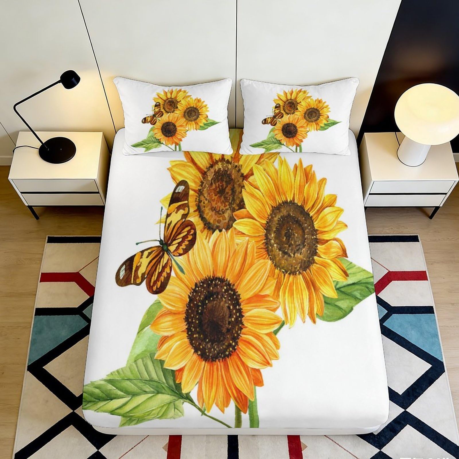 3D Printed Sunflower Bee Fitted Sheet Microfiber Soft Breathable Floral Mattress Cover for Bedroom Home Decor 90x200x25cm