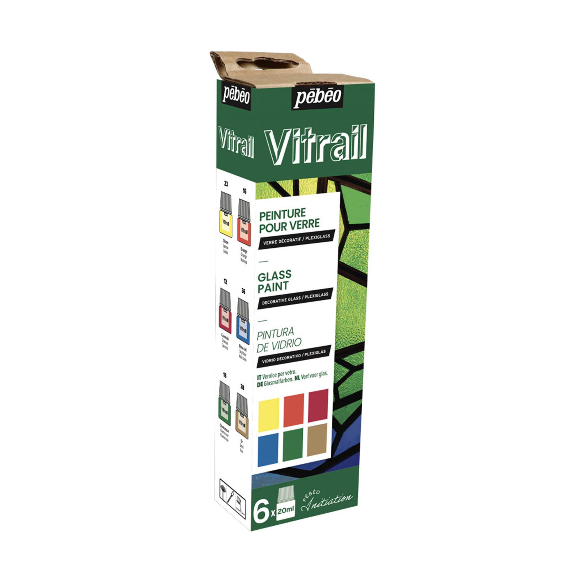 Pebeo Vitrail Initiation Paint Set 20 ml Bottles, 6 Assorted Colors, 1 box, diy arts and crafts, painting supplies for Stained Glass Effects (756421US)