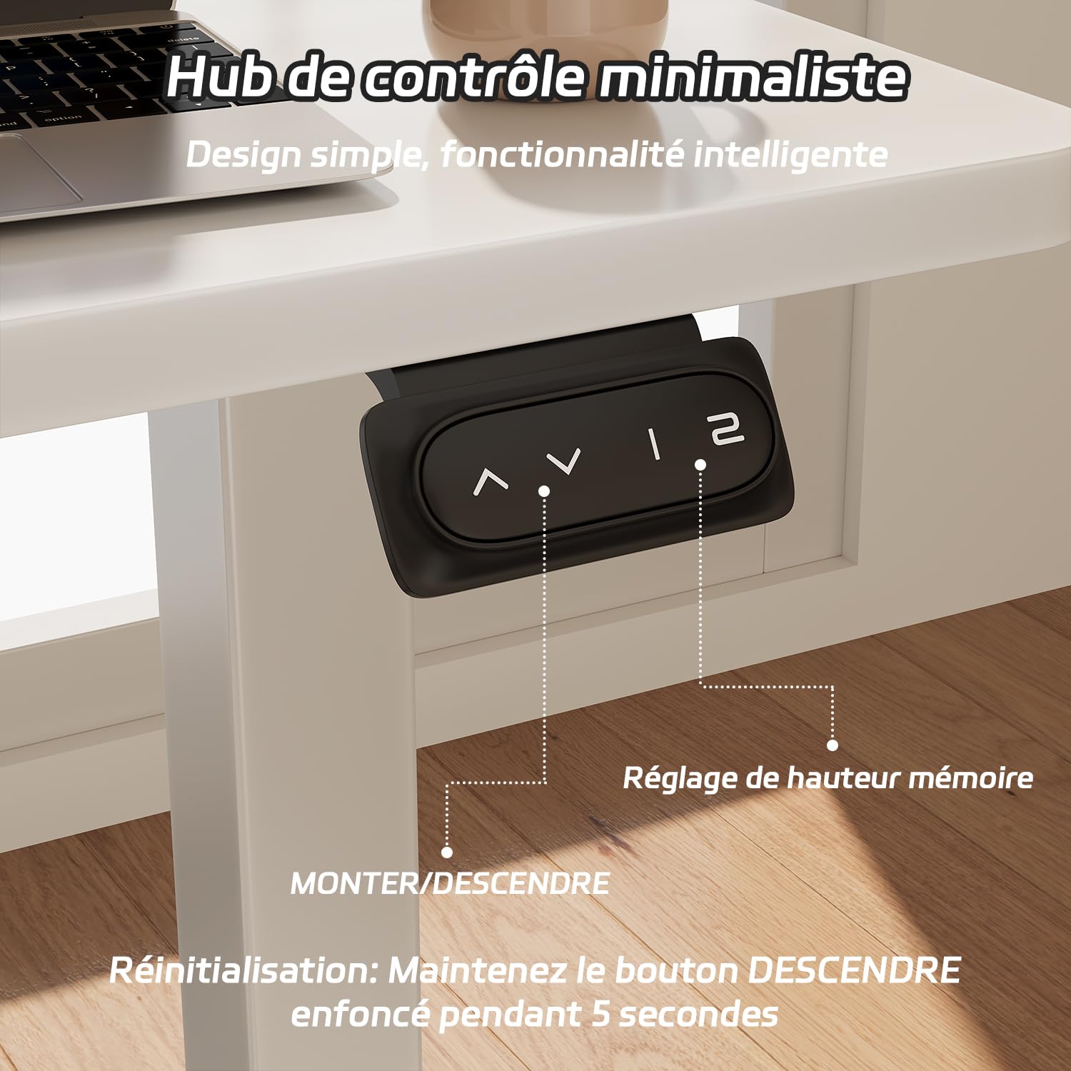 JUMMICO Réglable en Hauteur Bureau Assis Debout Électrique Blanc | 120 x 60 cm, avec Fonction Mémoire avec Crochet, Bruit <50dB, 60 KG, pour Bureau à Domicile