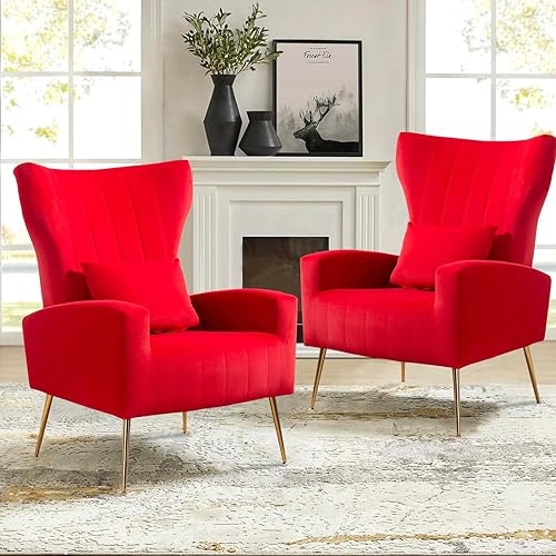 Miniatura 40 de Juego de 2 sillas de acento de terciopelo, silla de brazo de mediados de siglo con respaldo alto alado y abotonado, sillones para sala de estar y