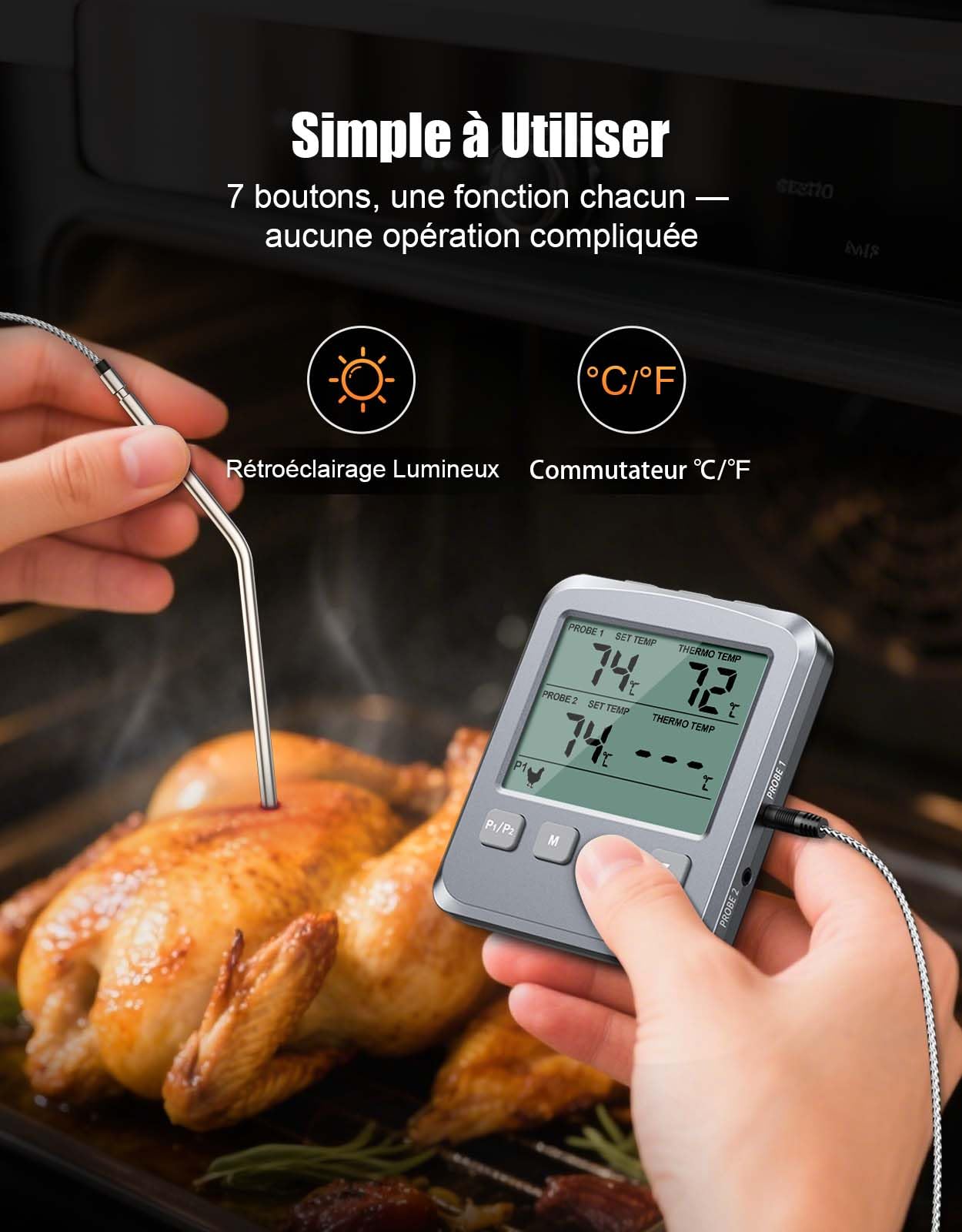 Thermomètre Cuisine Numérique Double Sonde avec Grand Écran LCD, Alarme et Lecture Rapide