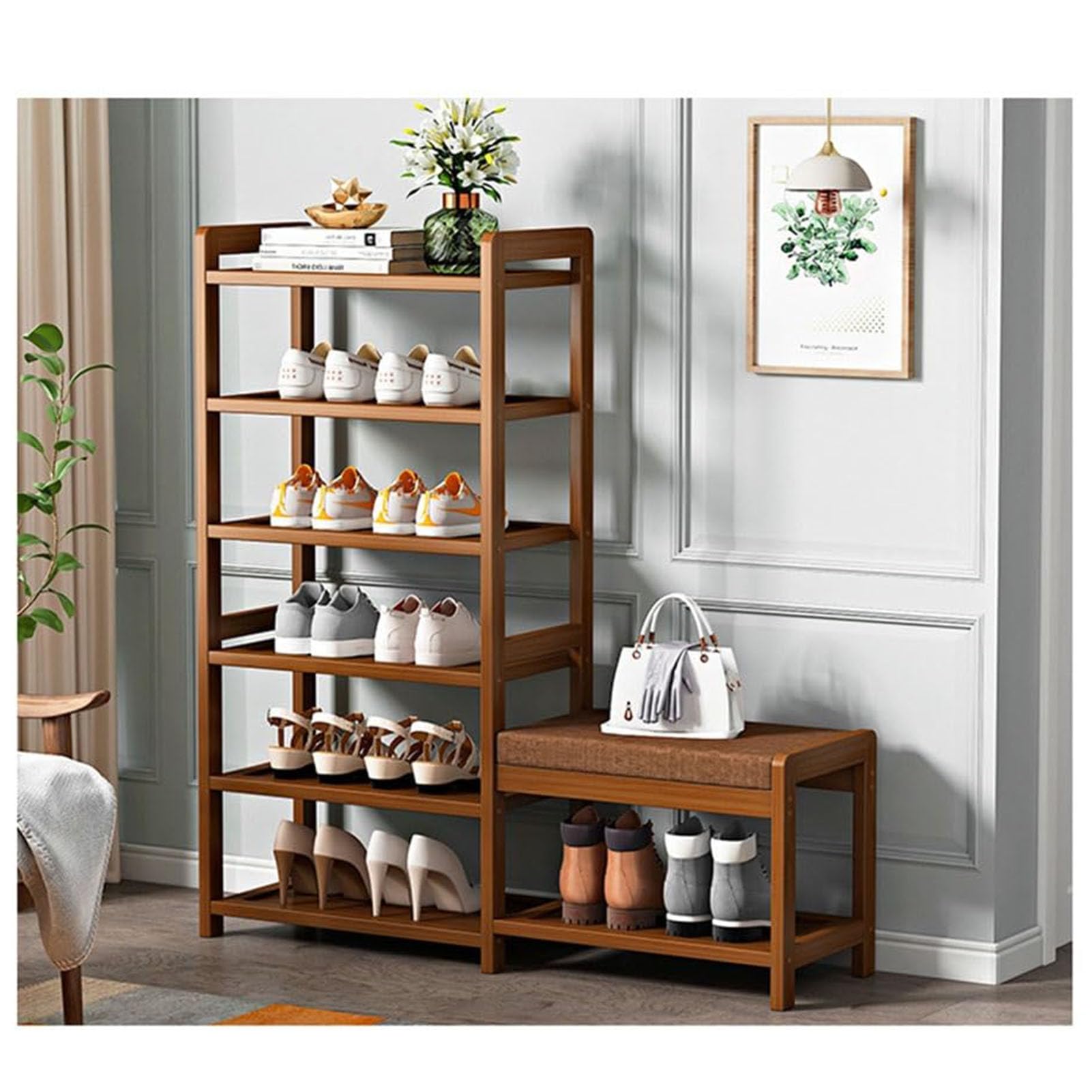 MYUYEE 4-6Tier Shoe Rack Bench With Seat Entryway Shoe Storage Orga Wooden Shoe Shelf Space-Saving Easy To Assemble For Hallway Doorway Bedroom(85X25X101Cm)