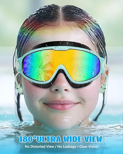 Miniatura 7 de Aegend Paquete de 2 gafas de natación de visión amplia, antivaho, UV, sin fugas, con tapones para los oídos para niños de 3 a 14 años