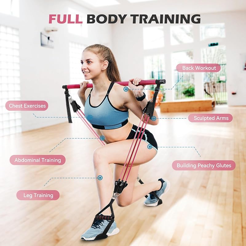 ALongSong Pilates Bar Kit 6 Ellenállásos Szalaggal Otthoni Edzéshez Állítható Magasság