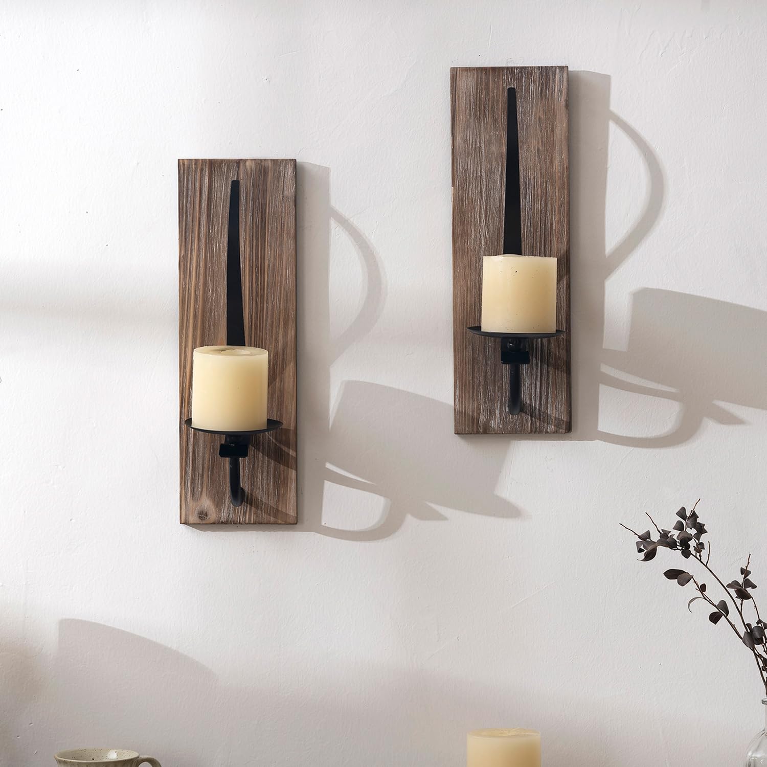 2 Stück Kerzenhalter Wand Wandkerzenhalter Schwarz Metall Holz Wandhalterung Kerzenständer Deko für Kerzen Vintage Wanddeko Wandkerzenhalter