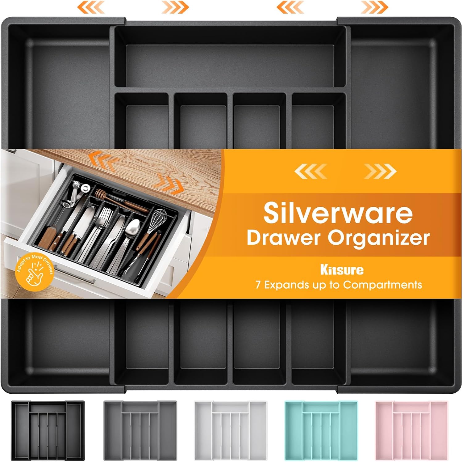 Kitsure Silverware Organizer for Drawers – Expandable Cutlery and Utensil Drawer Organizer with Easy Maintenance, Premium PP Kitchen Organizers and Storage for Flatware, Black, 13.2″ x 12.2″ x 1.6″