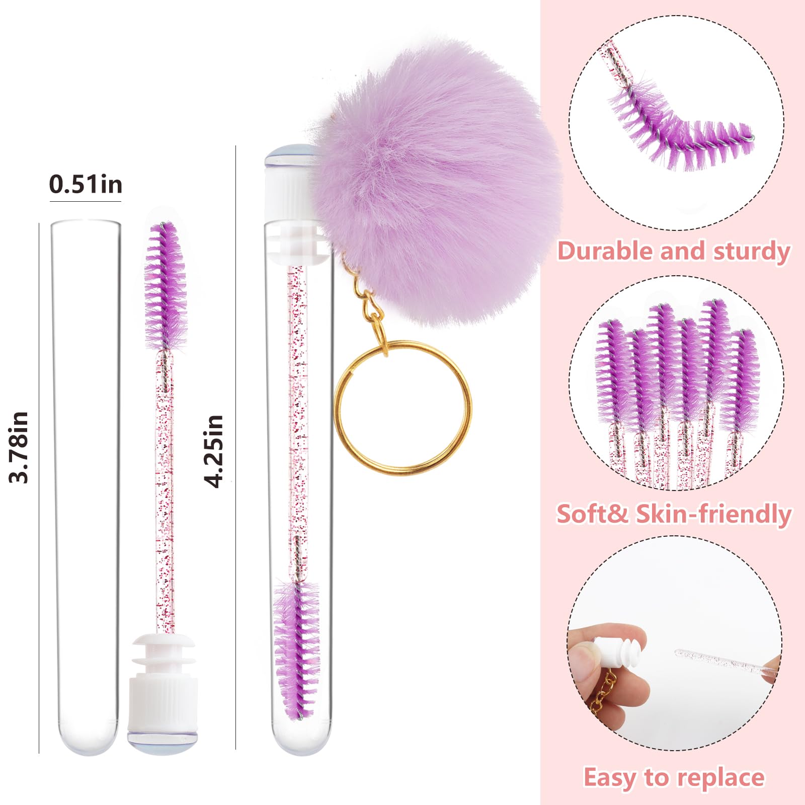 Mekupeu 20pcs Disposable Lash Cleaning Spoolie Brushes Tube Mascara Wands Faux Fur Ball Keyring Eyelash Brush Makeup Tool Applicator Set(Purple)