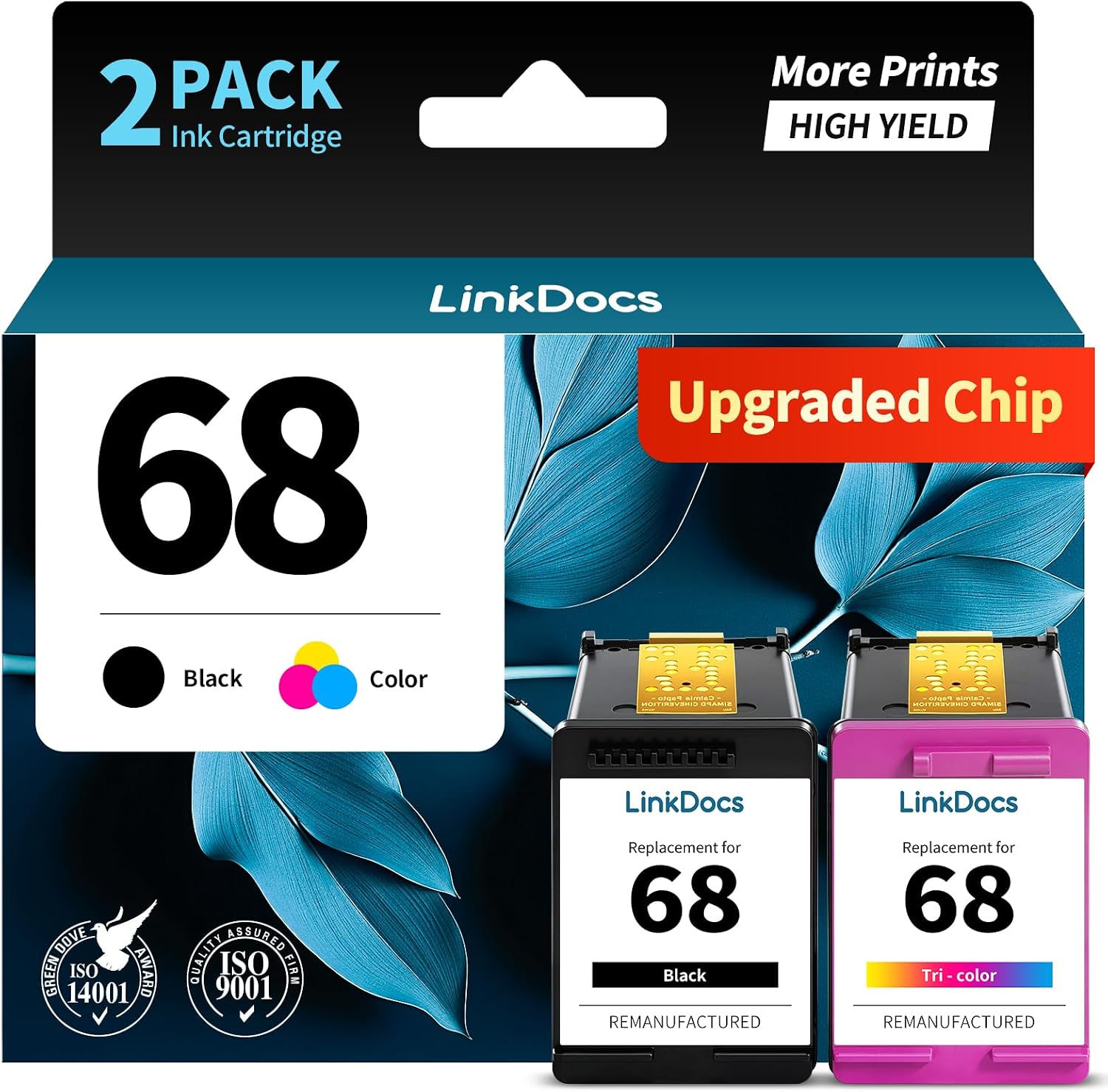 68 Ink Cartridges Black Color Combo Pack Remanufactured Replacement for HP 68 Ink 68 XL 68e Compatible with HP Envy 6155e 6555e Series Printers 6152e 6165e 6558e 6552e (2 Pack, 1 Black, 1 Tri-Color)