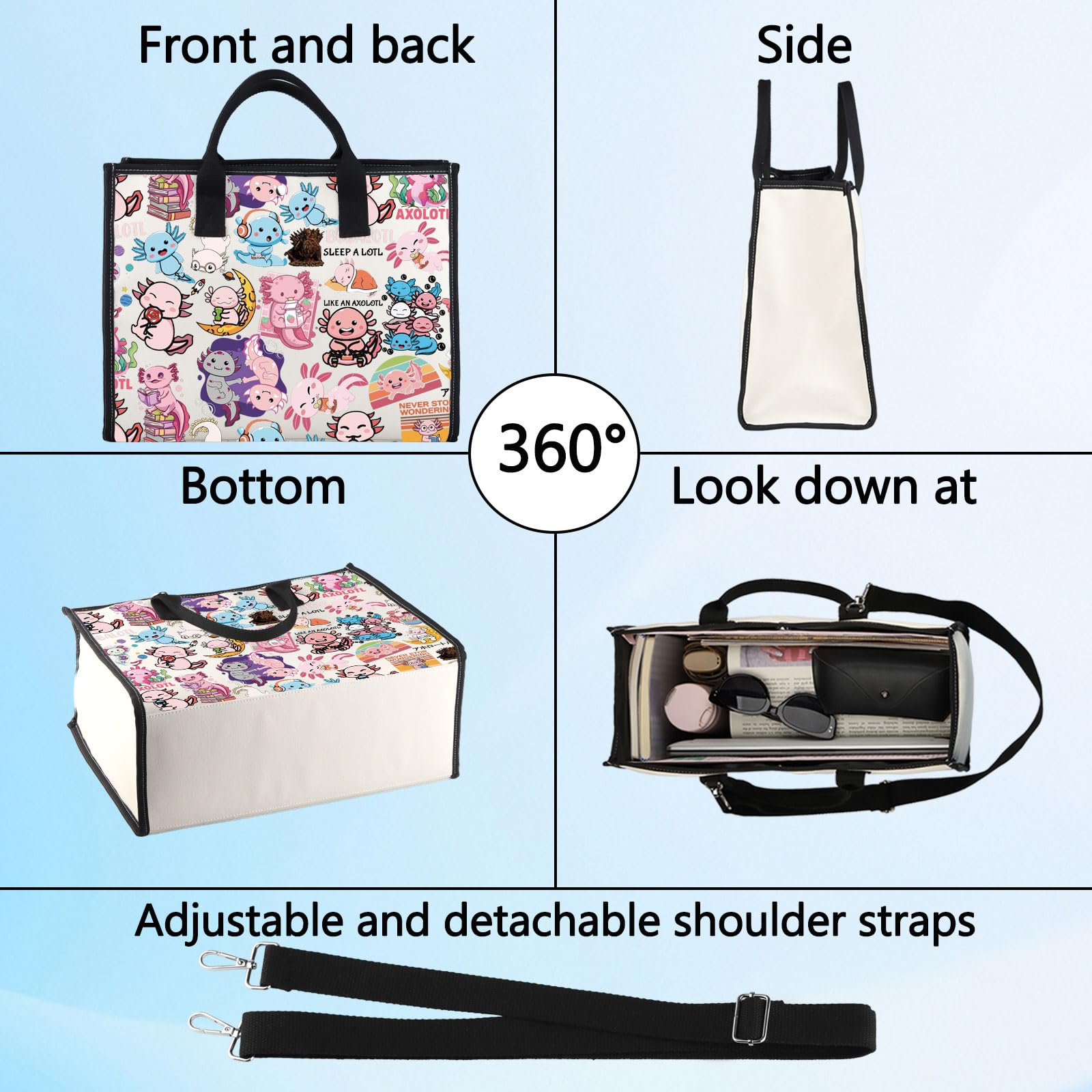 LEVLO Cute Axolotl Tote Bag Bobalotl Fans Gift Gamesolotl Lover Shoulder Bag Salamander Merchandise, Axolotl Lt, M - Image 4