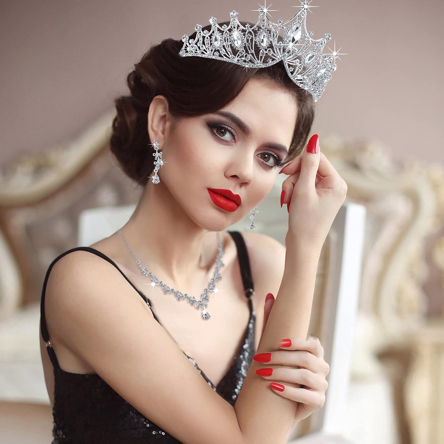 3 Pieces Baroque Queen Crown Set, Tiara Earrings Necklace Crystal Headband Tiaras and Crowns for Women Bridal Wedding Jewelry Halloween Prom Birthday Party Hair Costume Accessories