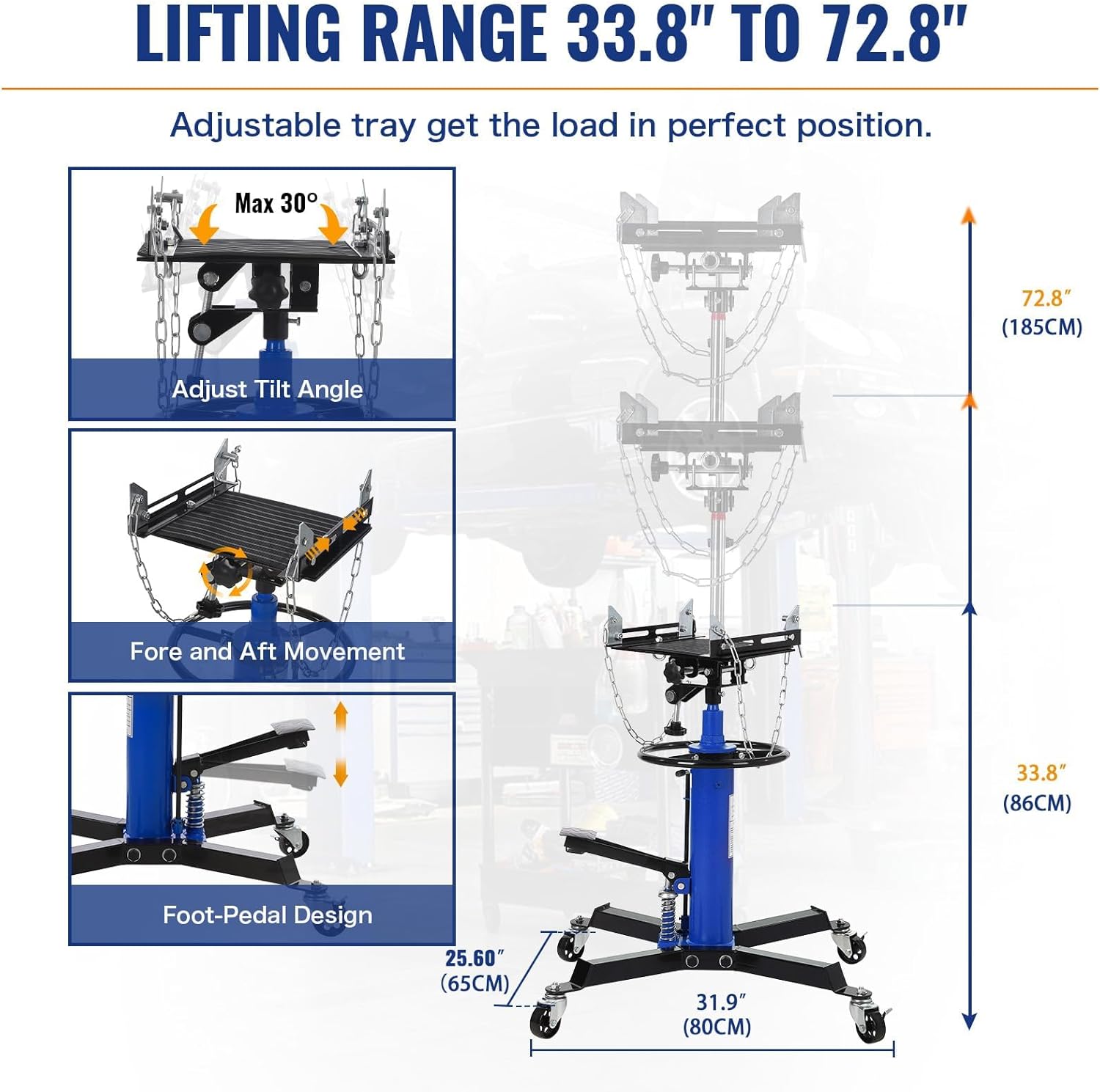 Heavy Duty Hydraulic Transmission Jack, 1322 lbs Capacity with 2-Stage Telescoping Lift, Adjustable Height & Foot Pedal, 360° Swivel Wheels for Garage/Shop, Blue