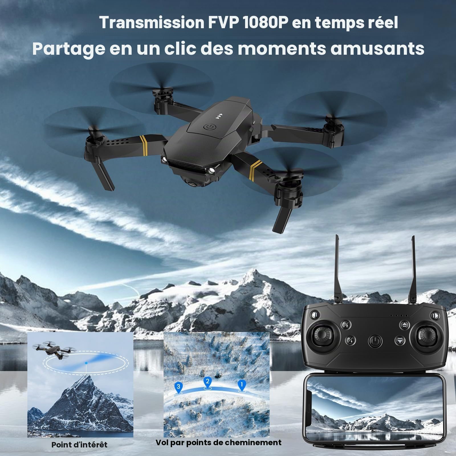 Drone avec caméra 1080P débutant RC Quadcopter, drone pour enfants, FPV Live Video, Altitude Hold, One Key Take Off/Landing, 3D Flip. Cadeaux pour filles/garçons