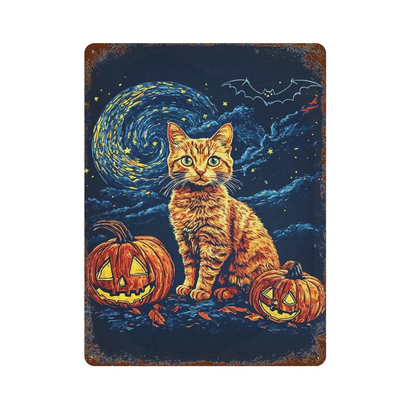 Halloween Cat & Pumpkins 15.7"x11.8" Vintage Rust Metal Sign, Shabby Chic Decor for Garage, Bar And Workshop Decor