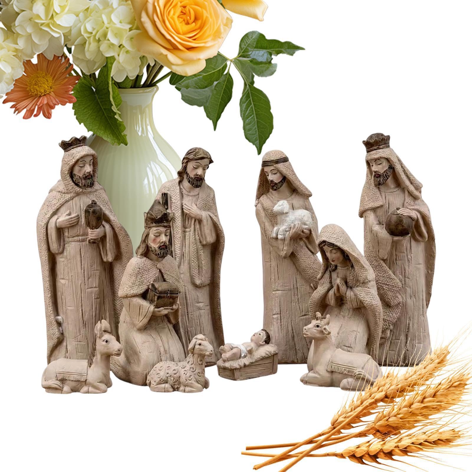 Set presepe in resina, stile vintage, effetto finto legno, Natale