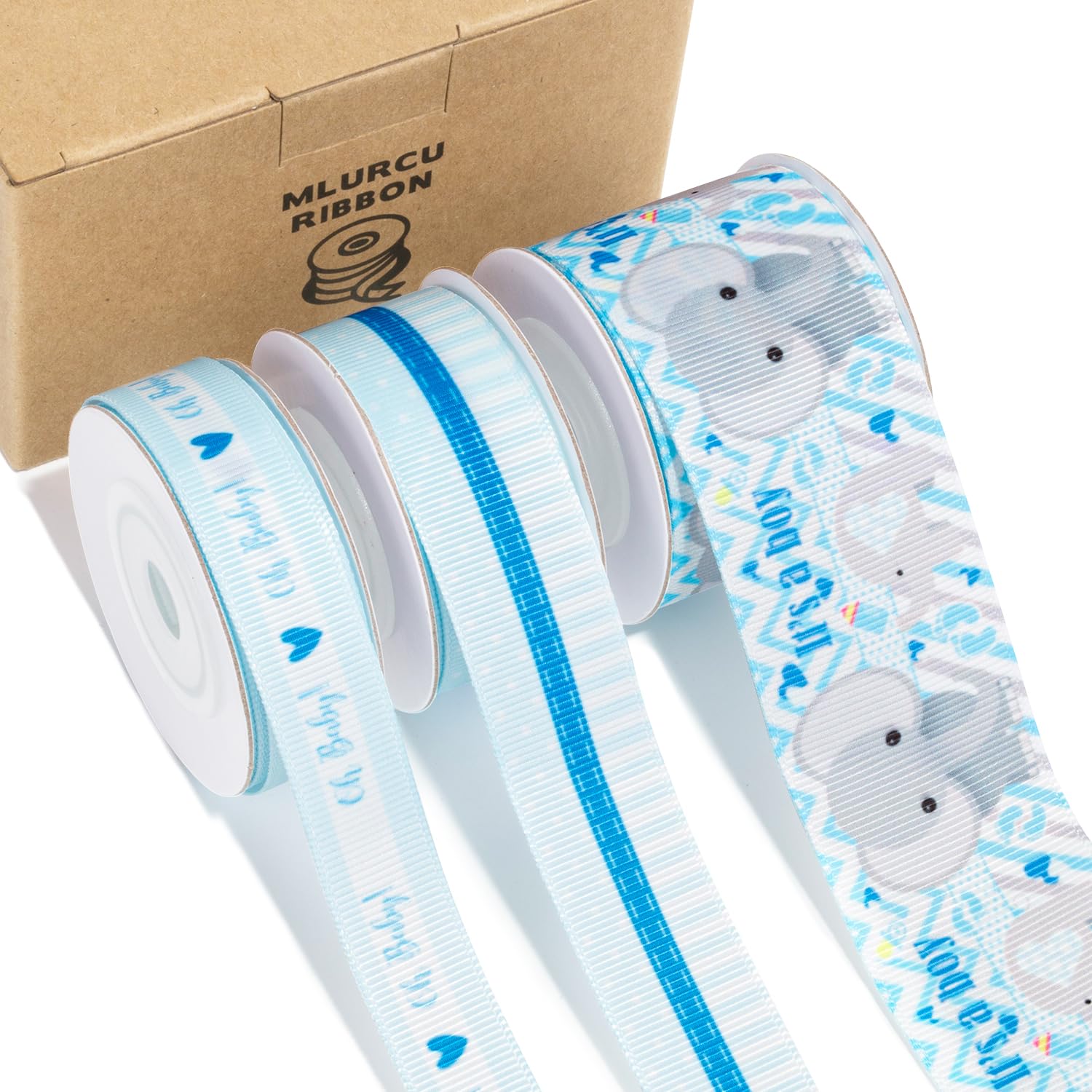 Baby Boy Ribbon 3 Rolls Grosgrain Ribbon Set 5/8", 7/8", 1.5" It's A Boy, Blue Striped Polka Dot Ribbons for Baby Shower, Gift Wrapping, Birthday