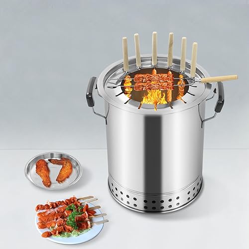 Barbacoa sin humo, parrilla de barril de carbón envolvente de acero inoxidable, parrilla de carbón portátil con 30 pinchos y accesorios de parrilla
