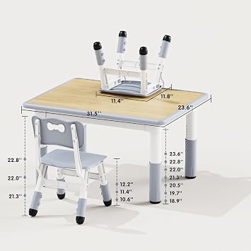 Brelley Adjustable Toddler Table and Chair Set, 31.5 L x 23.6 W Grey | Table Supports 300 lbs, Drawing Activity Desk, Classroom/Daycare/Home, Children Multi-Activity Table for Ages 3-8