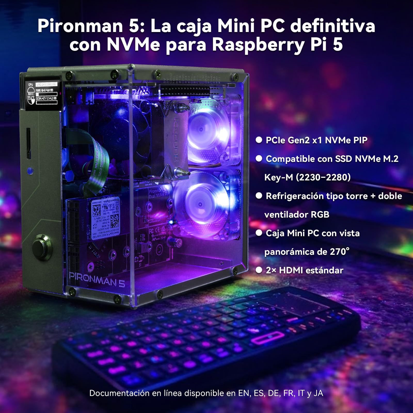 Pironman 5 carcasa Mini PC NVMe M.2 SSD PCIe 2.0/3.0 para Raspberry Pi 5 Hailo-8L, agente IA OpenClaw, refrigeración torre + doble ventiladores RGB, módulo OLED 0,96", apagado seguro, HDMI, efecto RGB