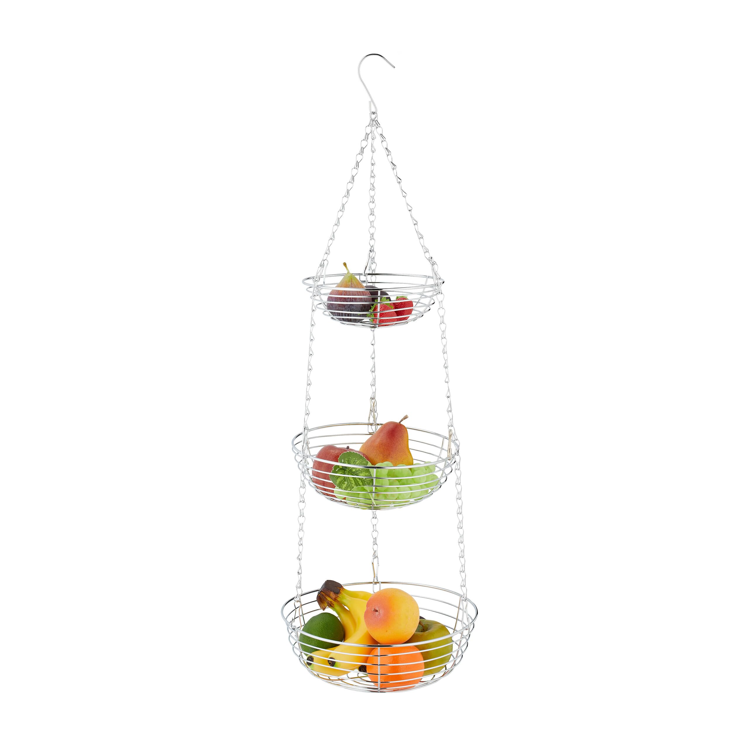 Relaxdays Basket Hanging, HxØ: 82 x 26.5 cm, 3 Tiers, Metal, Round Suspended Bowls for Fruit & Vegetables, Silver, Iron