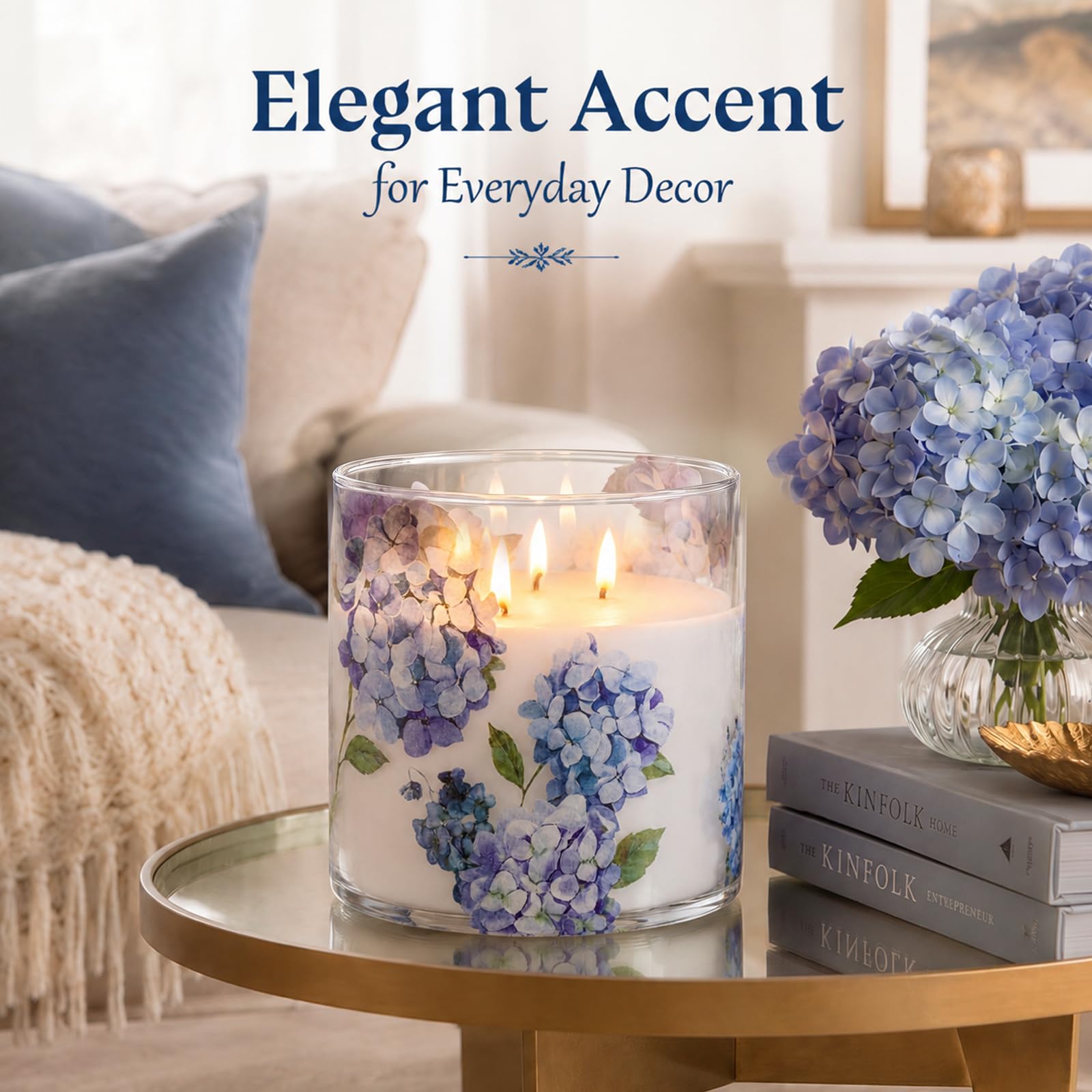 Gerrii Vela grande de cristal de hortensia sin llama con 3 mechas de 15 x 15 cm, vela de cristal con estampado floral de hortensias azules con temporizador remoto, velas LED parpadeantes de cera real