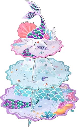 WERNNSAI Soporte para cupcakes de sirena, decoración de fiesta de cumpleaños de sirena para niños y niñas, soporte de cartón de 3 niveles para