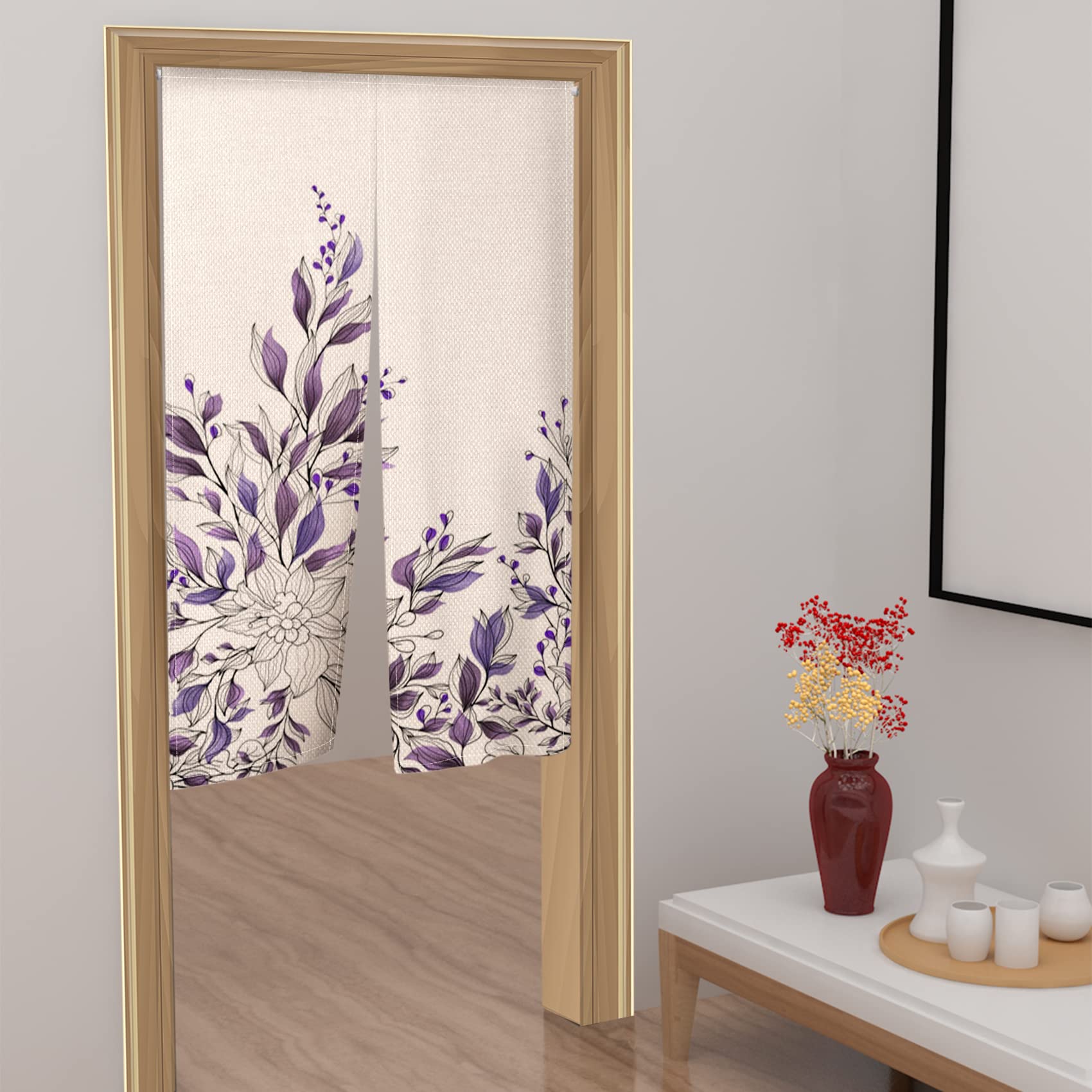 Leowefowa Japanese Noren Door Curtain - 34\"x60\" Polyester Room Divider With Purple Flowers, Doorway Tapestry - View #5