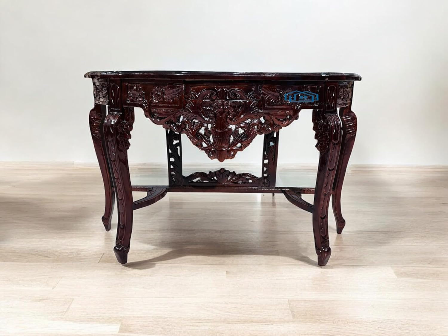 46treeform carved console table in solid mango wood for livingroom, hall, enterway, office, victorian style console table, mahogany finish, ornate carved details, curved legs size 48 * 30 * 15 inch