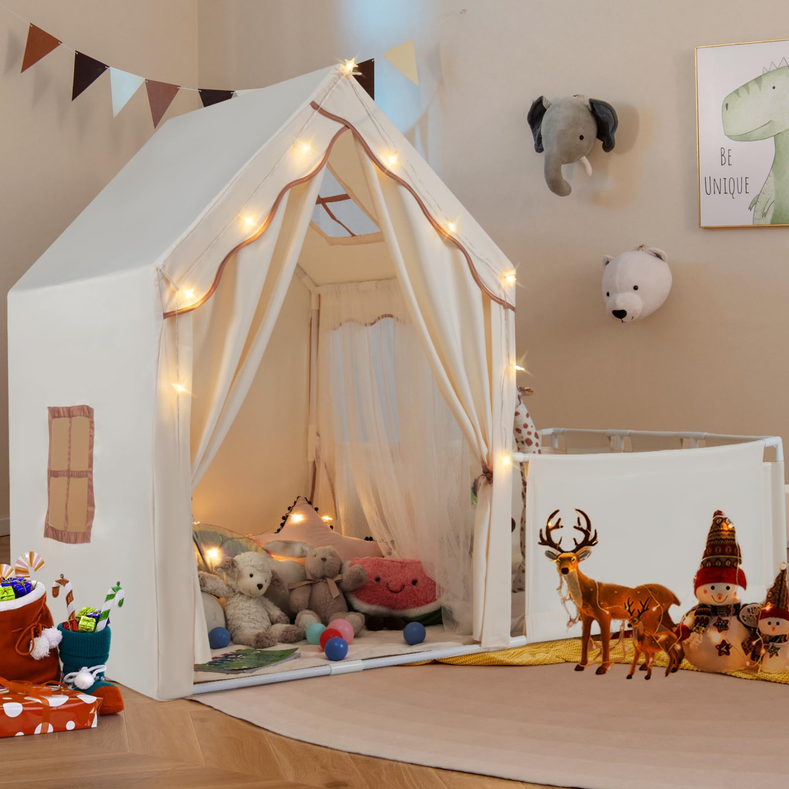 Maxmass Large Kids Play Tent, Children Play House with Playpen, Star Lights, Washable Cotton Mat, 2 in 1 Indoor Toddler Playhouse Castle Fairy Tents for 3+ Years Old Girls Boys (Beige+Coffee)