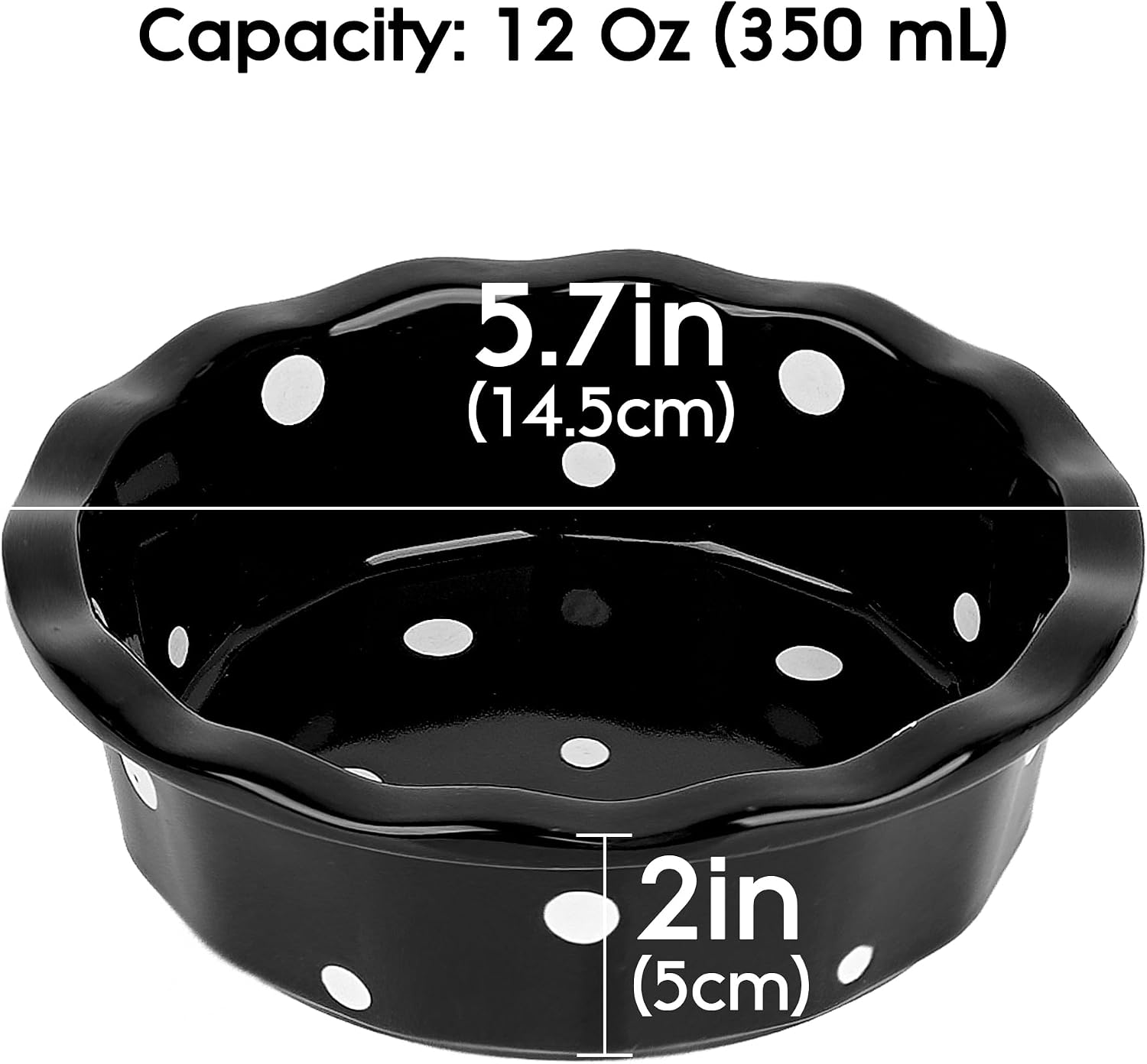 Cat Basic Bowl, White Polka Dot Ceramic Pet Food Dish, Non-Slip Bottom Design for Kittens and Small Dogs, Black