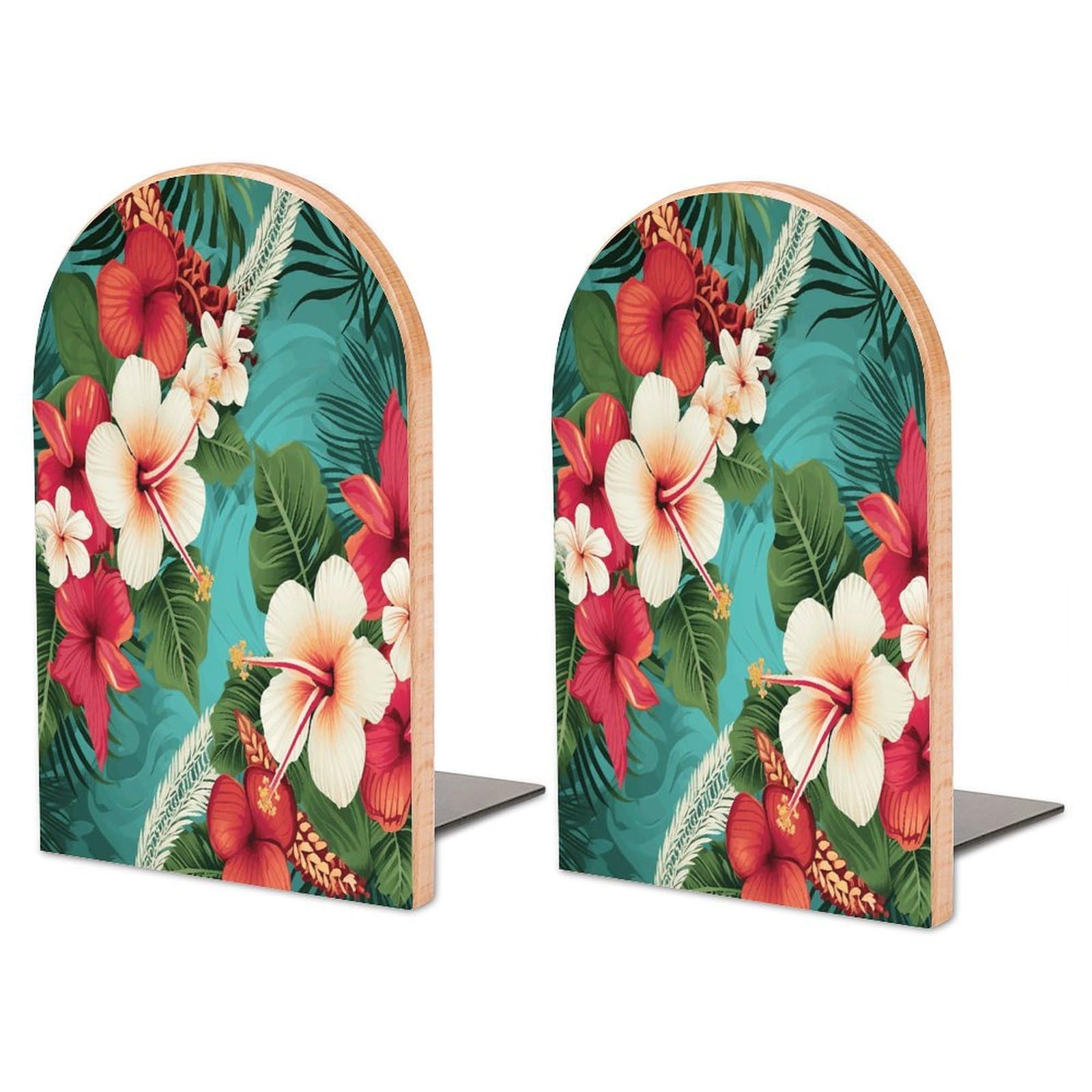 Hawaiian Flowers Wood Bookend for Shelves 1 Pair