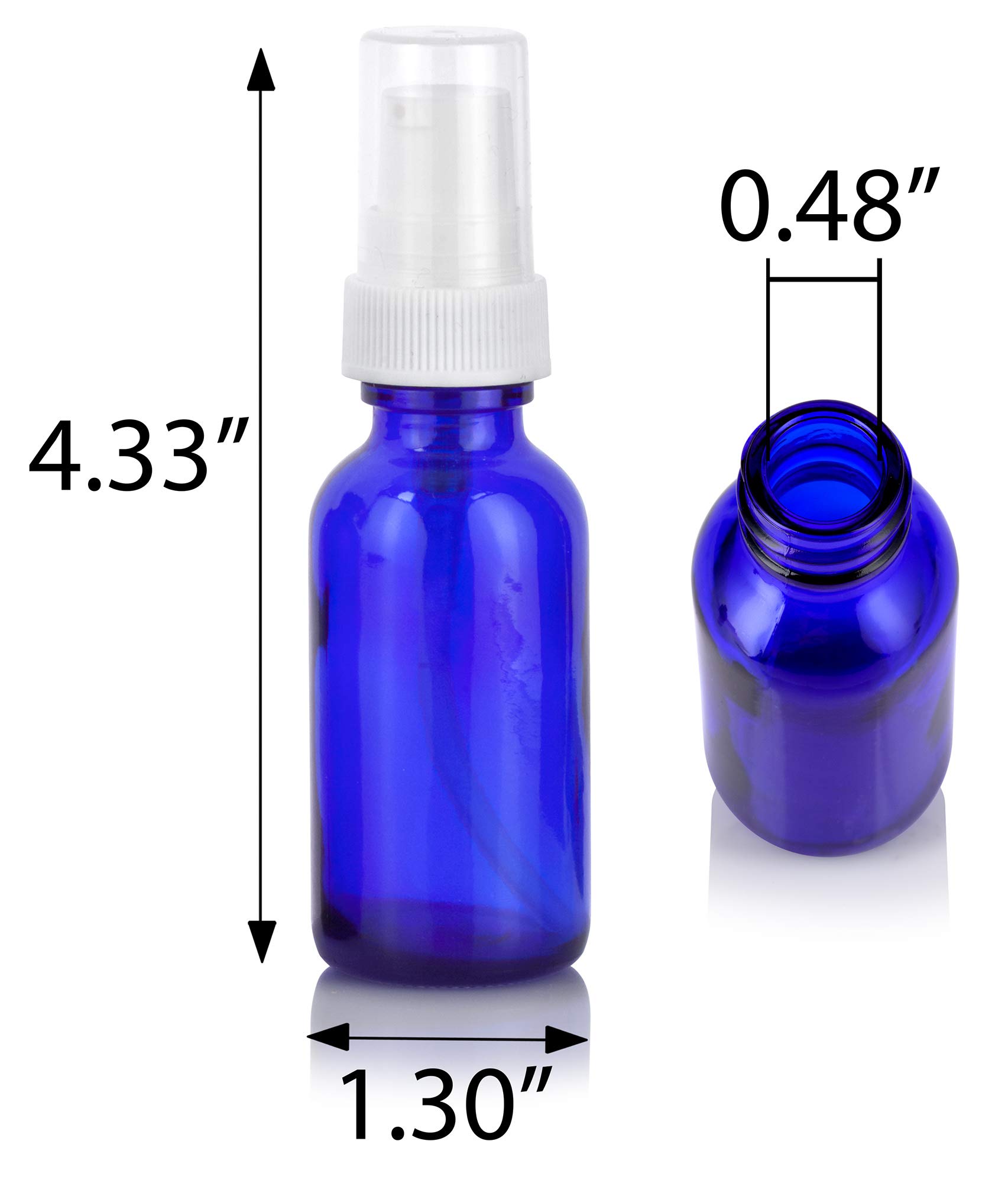 JUVITUS 1 oz / 30 ml Cobalt Blue Glass Boston Round Bottle with White Treatment Pump (24 pack) + Funnel