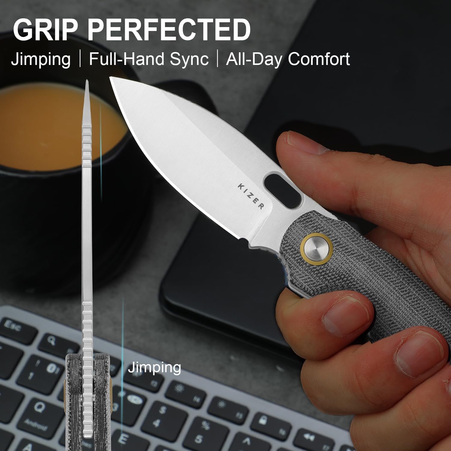 Kizer Seagull EDC Pocket Knife, 2.94" 14C28N Drop Point Folding Knife with Micarta Handle, Flipper & Thumb Hole Opener, Liner Lock, for Camping Hiking Fishing V3770A1
