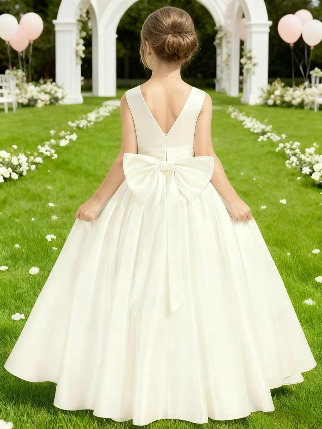 Satin Flower Girl Dress for Wedding Kids Elegant A-Line Big Bowknot Princess Pageant Prom Party Long Ball Gowns